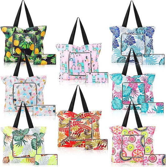 Cunno 8-pack Summer Beach Tote Bags, Waterproof Sandproof Reusable Shopping & Groceries Bags with Zipper Foldable Pocket-s...