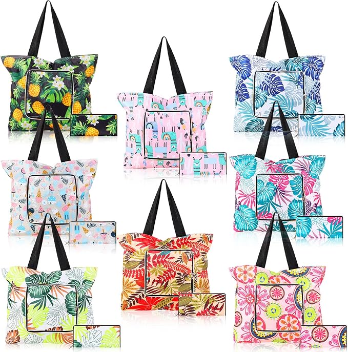 Cunno 8-pack Summer Beach Tote Bags, Waterproof Sandproof Reusable Shopping & Groceries Bags with Zipper Foldable Pocket-s...