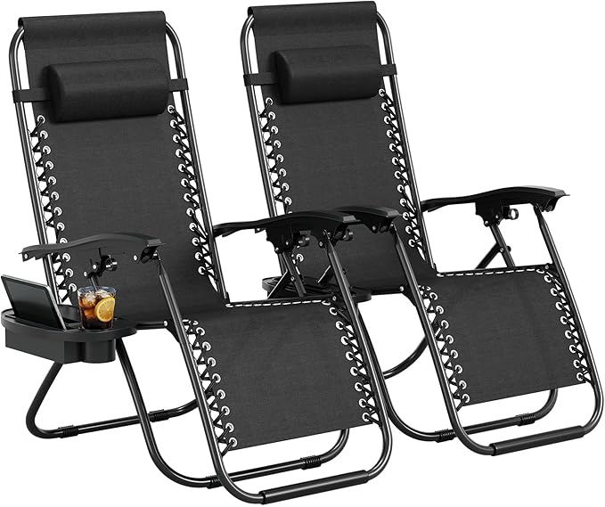 Garvee Zero Gravity Chair Set of 2, Patio Lounge Chair Outdoor with Pillow & Cup Holder Tray, Adjustable Reclining Chair, ...
