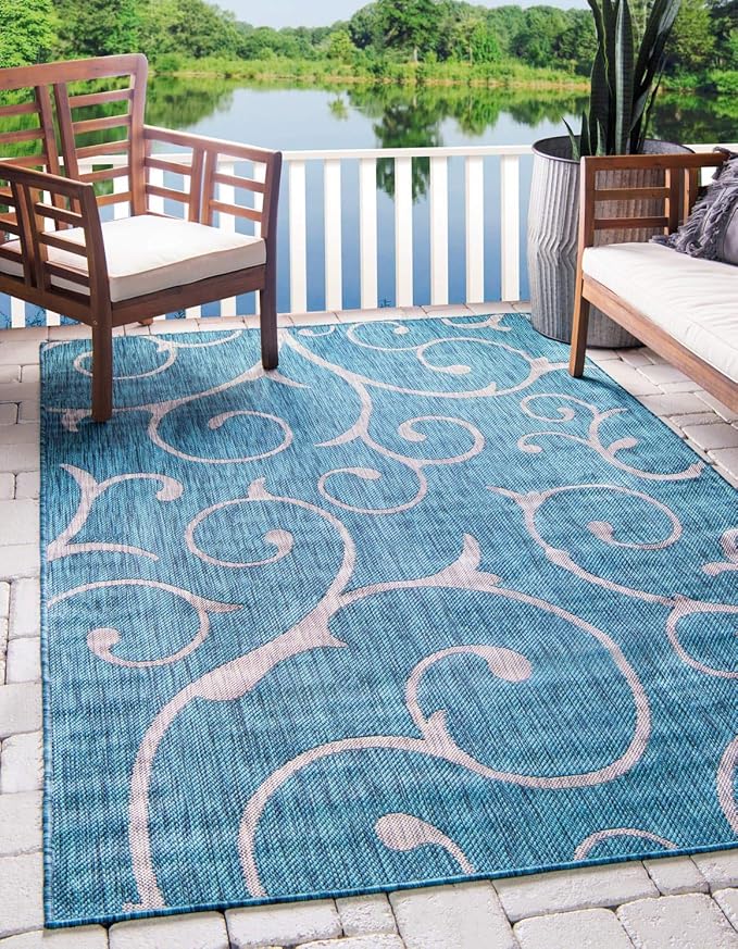 Unique Loom Outdoor Botanical Collection Area Rug - Curl (6' 1" x 9' Rectangle, Teal/ Ivory)