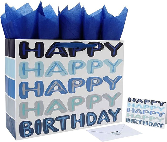 Qirrmiy 16.5” Extra Large Blue Happy Birthday Gift Bag Set with Handles, Greeting Card, Tissue Papers and Stickers for Men...