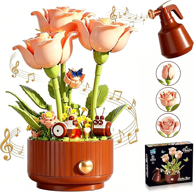 Magical Blooming Rose Building Set - Electric Flower Blocks with Opening Petals,with Interactive Sound & LED Lights,Romant...