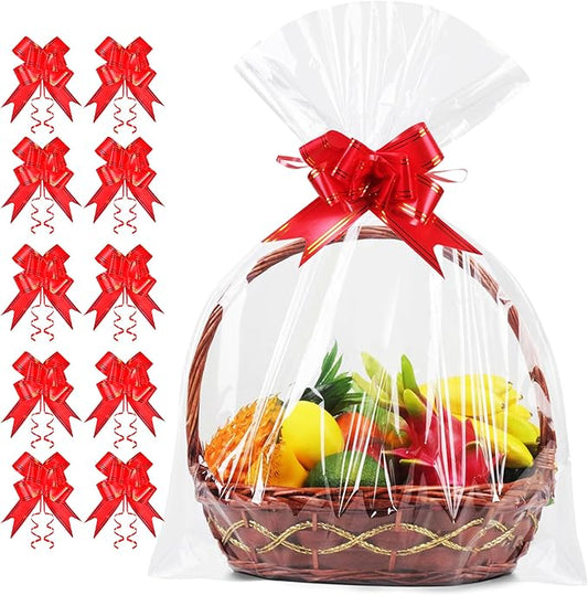 JOYIT 10PCS Extra Large Cellophane Wrap for Gift Baskets, 30x40 Inch Clear Cellophane Bags with 10 Red Bows, 3 Mil Thicker...