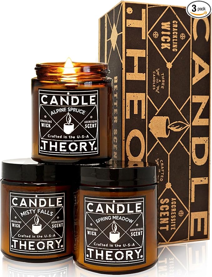 Scented Candle Gift Set with Crackling Wood Wicks 3, 4oz Candles, Misty Falls, Alpine Spruce, Spring Meadow - Designed for...
