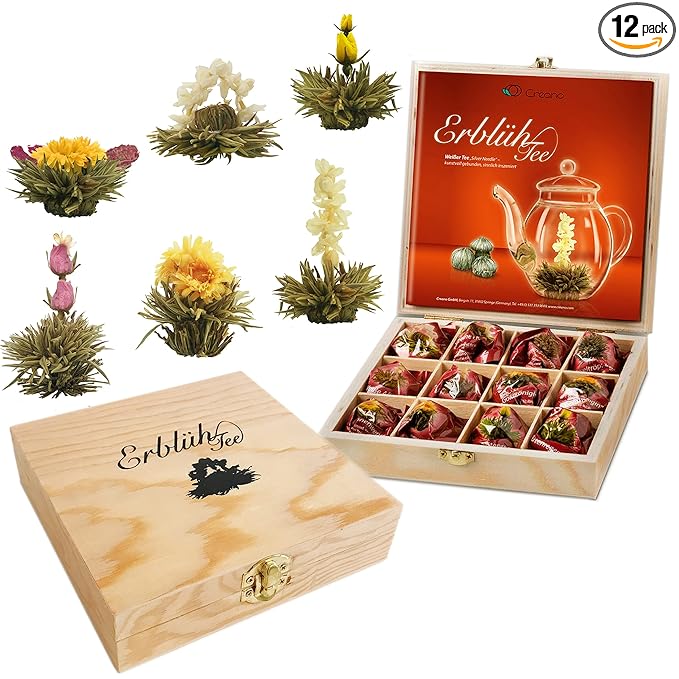 Creano Blooming Tea - Flowering Ball Gift Set in Stylish Wooden Box - 12 Pieces, White Tea