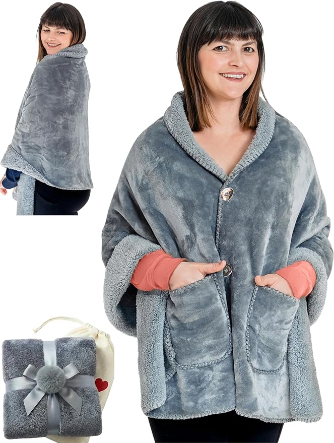 EzrAllora Premium Double Layer Poncho Blanket - No Sleeves Easy On Easy Off- Drape and Go- 2 pockets - Gifts for Grandma (...