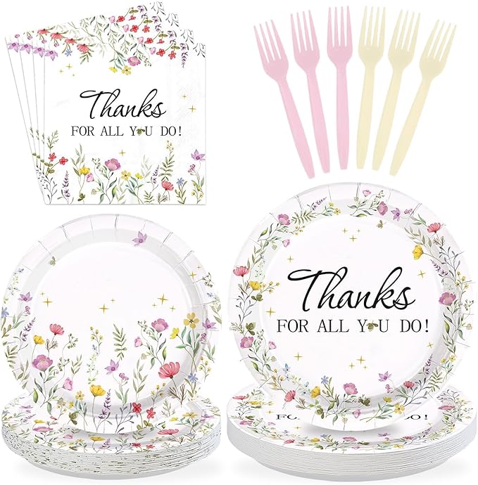 Greencian 96 Pcs Wildflower Thanks Party Supplies Teacher Appreciation Plates and Napkins Watercolor Wild Flower Tableware...