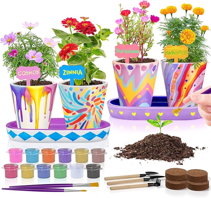 4 Set Paint & Plant Flower Gardening Kit - Gifts for Girls Ages 8-12, Arts and Crafts for Kids Ages 8-12, Kids Gardening S...