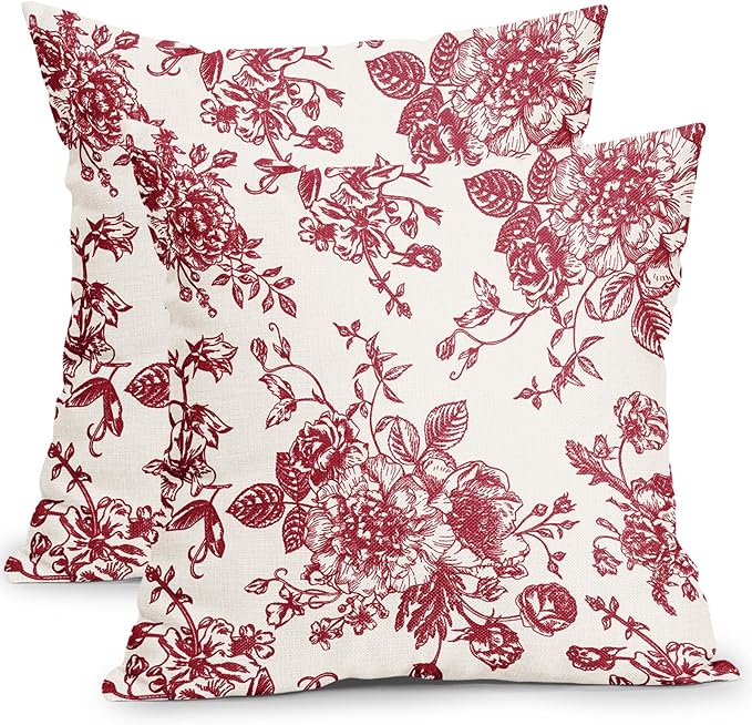 Vintage Floral Pillow Covers 18x18 Inch Set of 2 Wine Red and Cream Floral Throw Pillow Covers Chinoiserie Flower Pillowca...