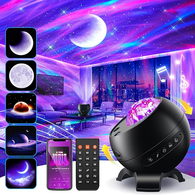 Northern Galaxy Light Projector, 300+Modes & 5 Films Star Projector, 15 White Noise & Bluetooth Northern Lights Projector,...