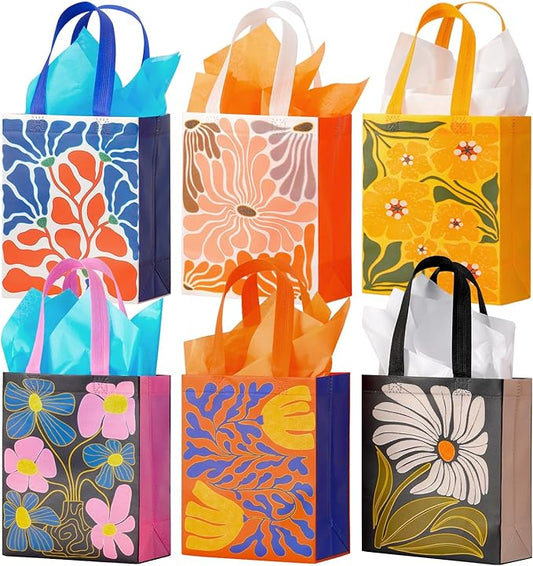 10" Floral Reusable Gift Bags Medium Size with Tissue Paper, 6 Pack Non-Woven Wrap Paper Gift Bags with Handles for Birthd...
