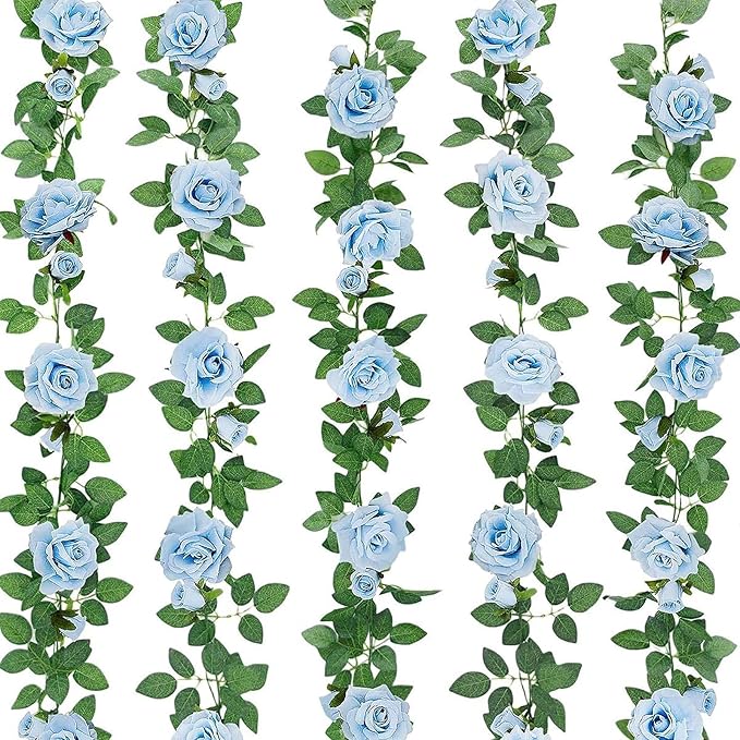 ZIFTY 5Pcs 32.5FT Blue Flower Garland Fake Flower Vines Faux Artificial Floral Garland Hanging Rose Ivy for Wedding Decort...