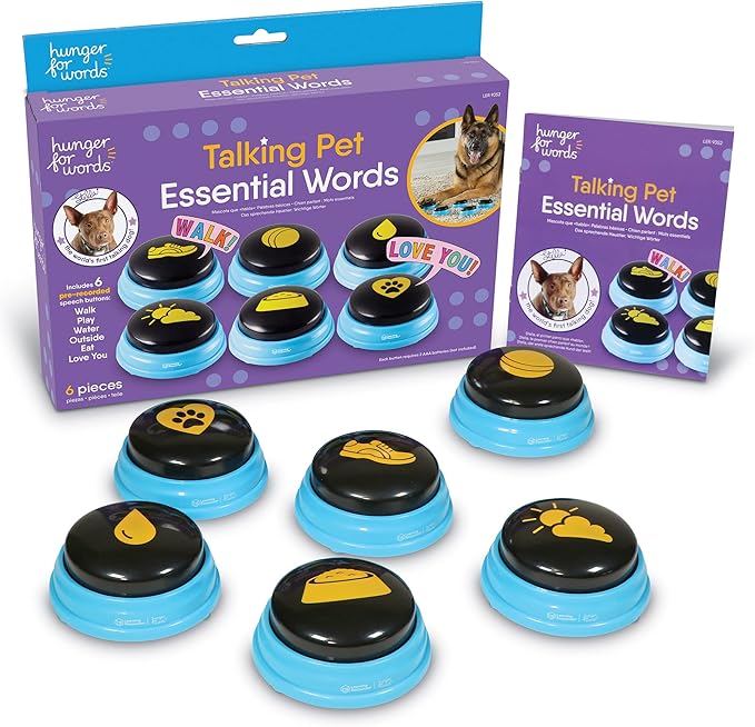 Hunger For Words Talking Pet Essential Words - 6 Piece Set Pre-Recorded Speech Buttons for Dogs, Dog Buttons for Communica...