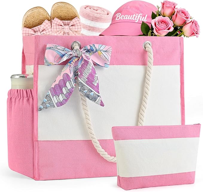 TAOZIM Beach Tote with Cosmetic Bag, Waterproof Canvas Beach Bag w/Ribbon Personalized for Women Birthday Travel Essential