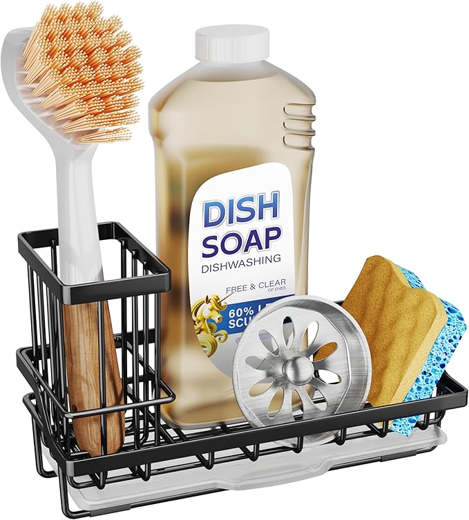 SWTYMIKI Sink Caddy Sponge Holder - Kitchen Sink Organizer with High Brush Holder for Countertop to Hold Dish Soaps and Sp...