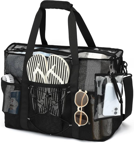 PIG PIG GIRL Mesh Beach Bag, Foldable Extra Large Beach Bags with Zipper Pool Bag with Portable Phone Pouch for Vacation Pool