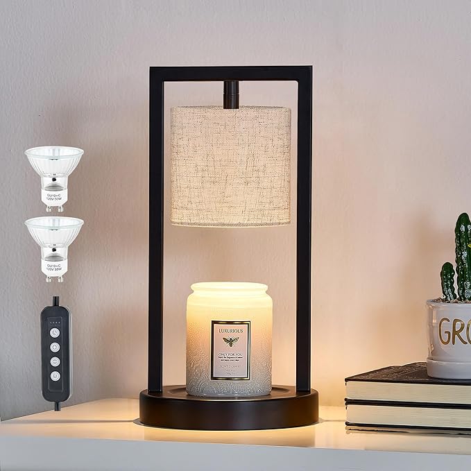 Candle Warmer Lamp with Timer, Black Candle Lamps Linen Fabric Shade, 3-Level Dimmable Candle Warming Wax Melt Warmer for ...