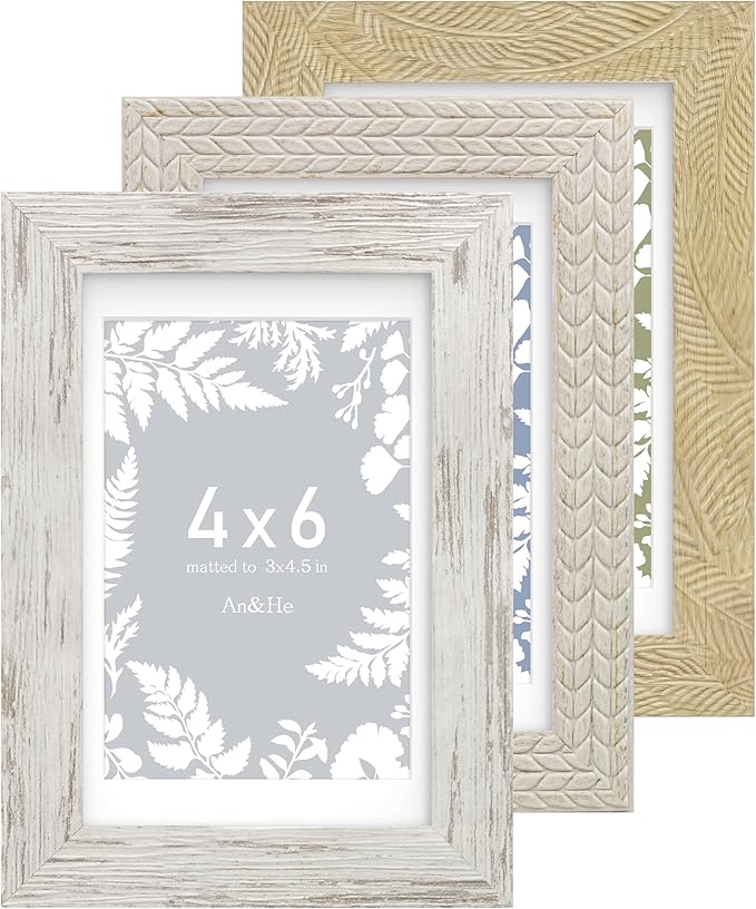 An&He 4x6 Picture Frames Set of 3, Rustic Vintage Photo Frame with HD Plastic Cover, for Wall Hanging or Tabletop Display,...