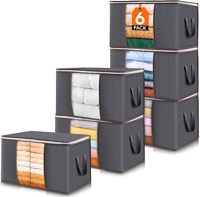 Lifewit 6 Pack Clothes Storage Bins with Lids, Foldable Blanket Storage Bags with Zippers, Clear Window and Reinforced Han...