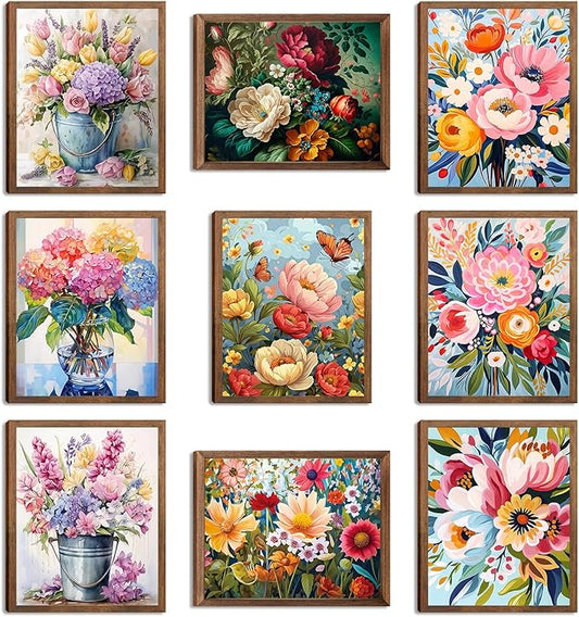 Flowers Market Posters Wall Art Paints Set of 9, Preppy Minimalist Canvas Decor Prints,Vintage Beautiful Flowers in Bucket...