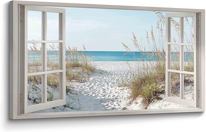 Window Beach Wall Art Prints: Modern Large Tropical Coastal Landscape Canvas Bedroom Blue Ocean Picture Relaxing Living Ro...