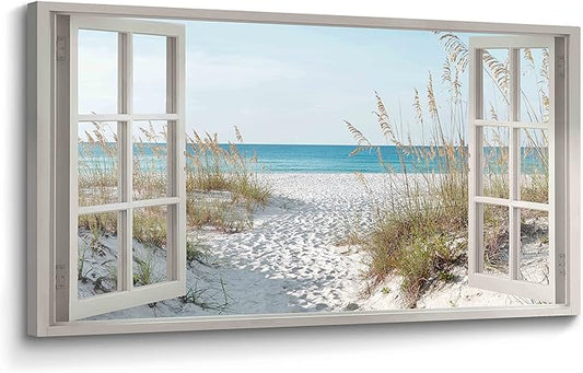 Window Beach Wall Art Prints: Modern Large Tropical Coastal Landscape Canvas Bedroom Blue Ocean Picture Relaxing Living Ro...
