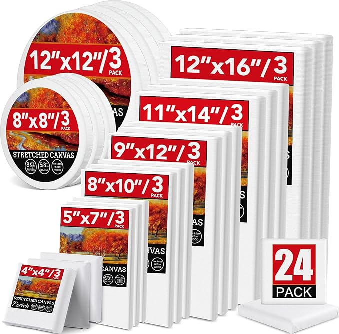 24 Pack Canvases for Painting with 4"x4", 5"x7", 8"x10", 9"x12", 11"x14", 12"x16", Round Canvas with 12"x12", 8"x8", Paint...