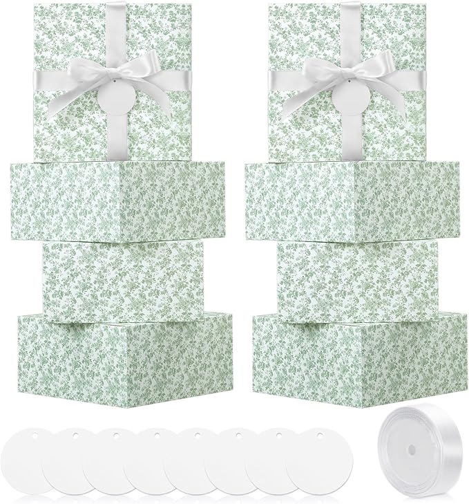 Faccito Green 8 Pack Floral bridesmaid proposal Gift Boxes 8 x 8 x 4 Inch Flower Paper Boxes with Ribbon Label Card for We...