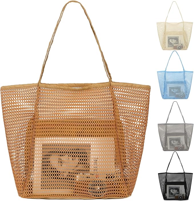 Fammart Mesh Beach Bag for Women, Summer Straw Tote Hobo Pool Bags with Zipper Pocket, Travel Vacation Cruise Essentials 2026