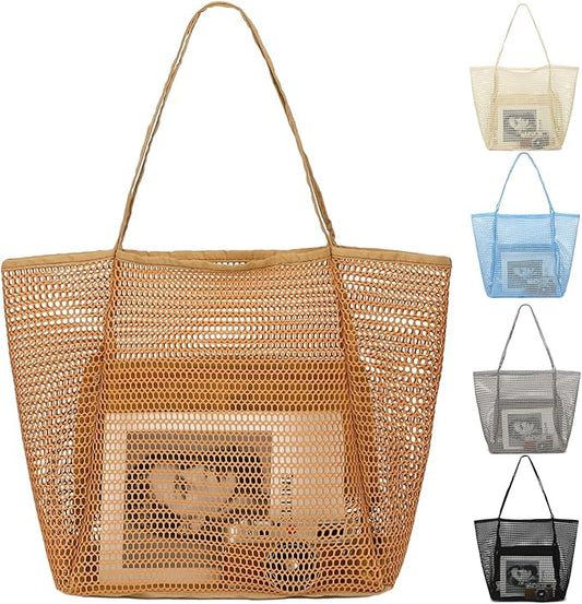 Fammart Mesh Beach Bag for Women, Summer Straw Tote Hobo Pool Bags with Zipper Pocket, Travel Vacation Cruise Essentials 2026