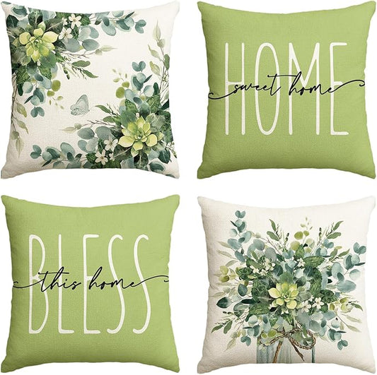AVOIN Colorlife Home Sweet Home Eucalyptus Leaves Green Throw Pillow Covers, 18x18 Inch Spring Summer Seasonal Decorations...