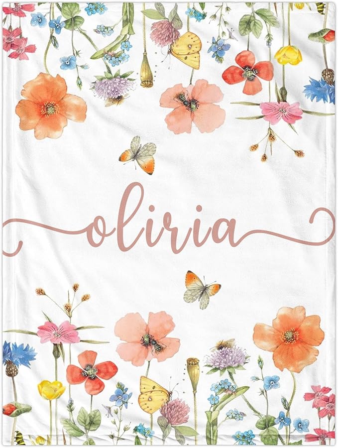 Lcyawer Personalized Swaddle Baby Blankets with Name Plants Flowers, Customized Floral Nursery Blanket for Girls, Newborn ...