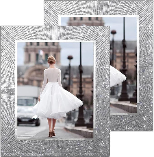 Flocey 8x10 Picture Frame Glass 2 Pack, Sparkly Glitter Photo Frame 8 x 10 Mirror Crystal Wedding Gift Wall and Tabletop D...