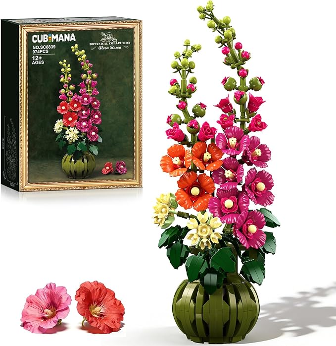 CUBIMANA Flowers Botanicals Alcea Rosea Building Set for Adults - Artificial Bonsai Plant for Home Office Décor, 974PCS Fl...