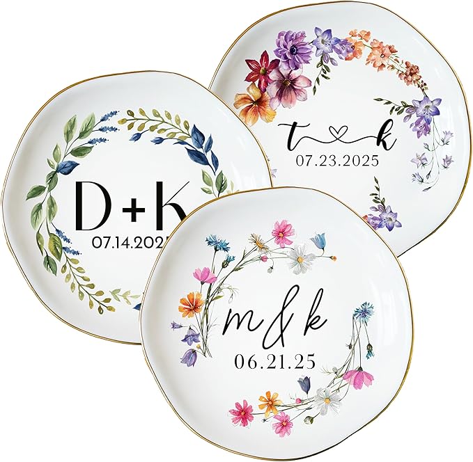Personalized Floral Ring Dish with Couple’s Initials & Date – Custom Wedding Jewelry Holder for Bride, Engagement Ring Tra...