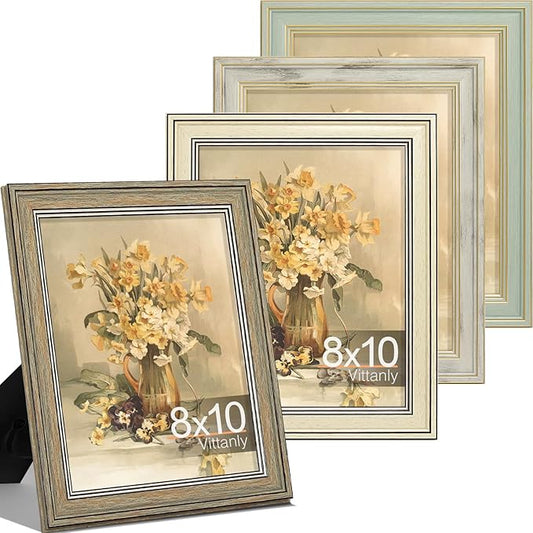 Vittanly 8x10 Picture Frame Set of 4, Vintage Photo Frame for Wall or Tabletop, Display 5x7 Pictures with Mat or 8x10 with...