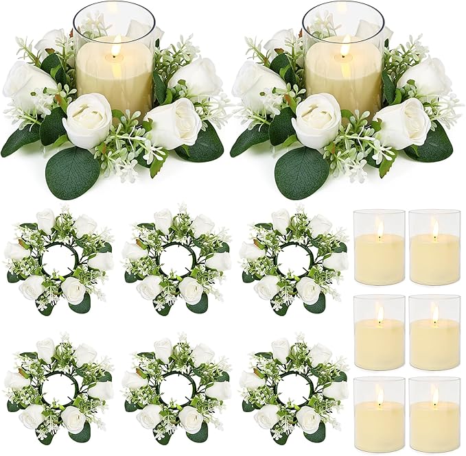 Acmee White Rose Candle Rings with Flameless Candles Sets - 12PCS Artificial Flower Eucalyptus Wedding Centerpiece 3 Inch ...