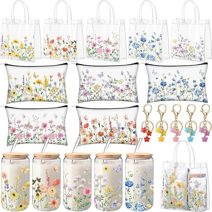 Hushee 20 Pcs Wildflower Party Favors Set 16oz Floral Glass Cups Clear Gift Bags Makeup Bags Flower Keychains for Bridesma...