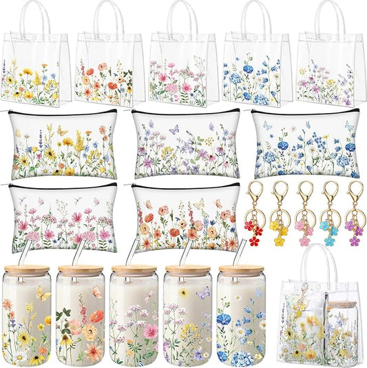 Hushee 20 Pcs Wildflower Party Favors Set 16oz Floral Glass Cups Clear Gift Bags Makeup Bags Flower Keychains for Bridesma...
