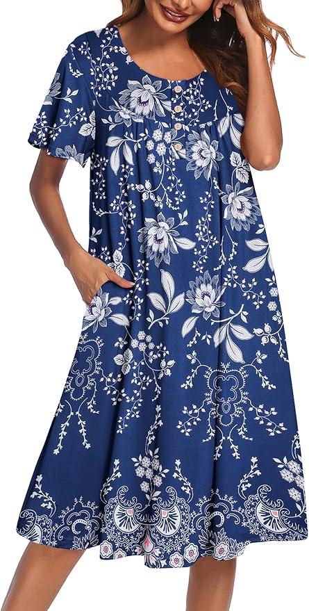 Ekouaer House Dress for Women with Pockets Short Sleeve Moo Moos Plus Size Nightgowns Floral Print Mumu Dresses