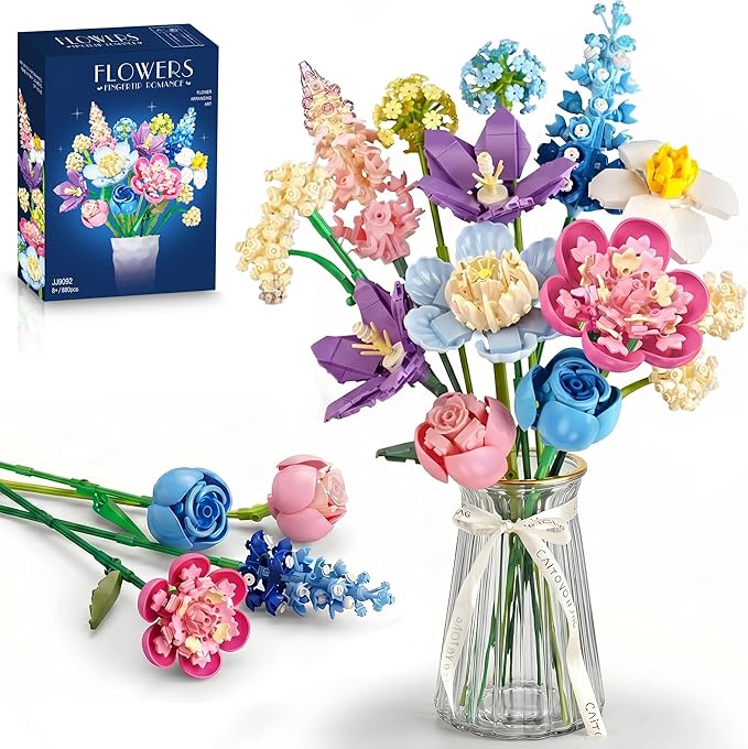 Abbabby Flower Building Set for Adults.880-Piece Artificial Bouquet Set Compatible with Lego.DIY Floral Building Toy for A...