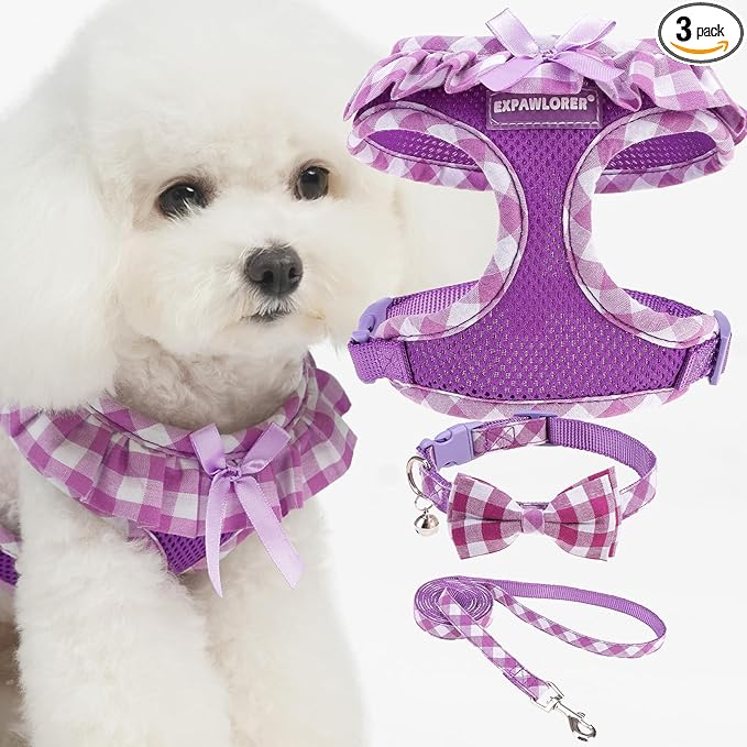 EXPAWLORER Cute Dog Harness Collar Leash Set - Purple Girl Dog Harness Checkered Step-in Design, Detachable Bow Pet Colla...