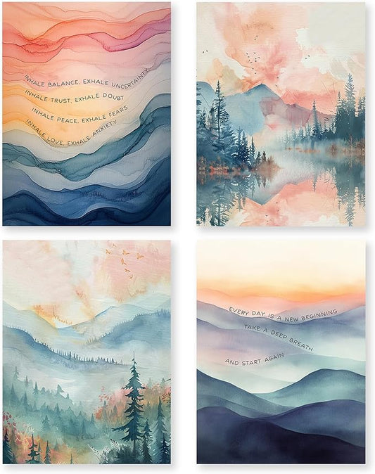 QLMX Inhale Exhale Mental Health Wall Art Prints Set of 4, Therapy Office Decor, Watercolor Abstract Prints for Wall Deco...