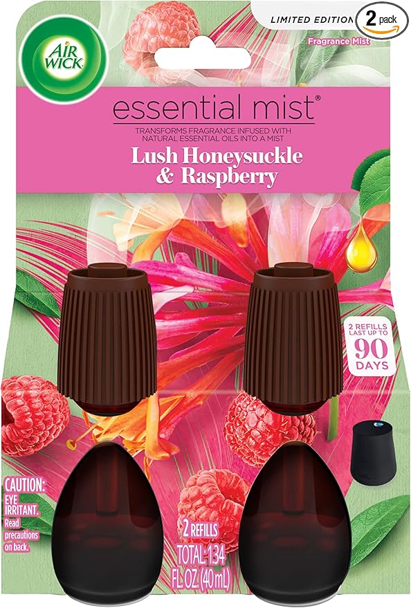 Air Wick Essential Mist Refill, 2 ct, Lush Honeysuckle & Raspberry, Essential Oils Diffuser, Air Freshener