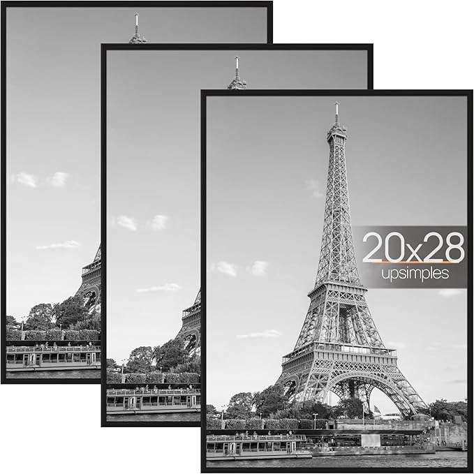 upsimples 20x28 Picture Frame Black 3 Pack, Scratch-Proof Poster Frames 20 x 28 for Photo Gallery - Slide-In Strips, Horiz...