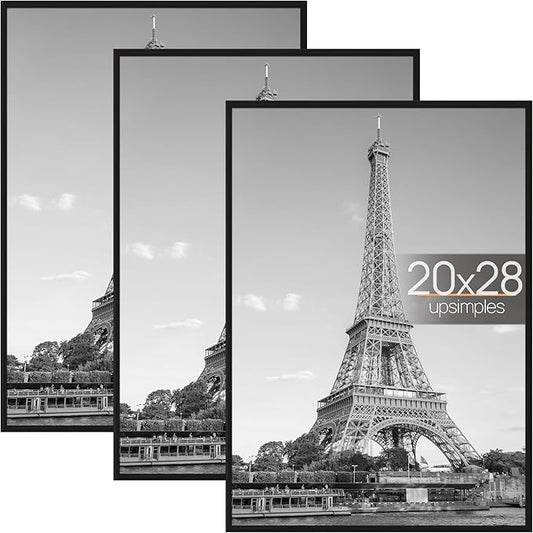 upsimples 20x28 Picture Frame Black 3 Pack, Scratch-Proof Poster Frames 20 x 28 for Photo Gallery - Slide-In Strips, Horiz...