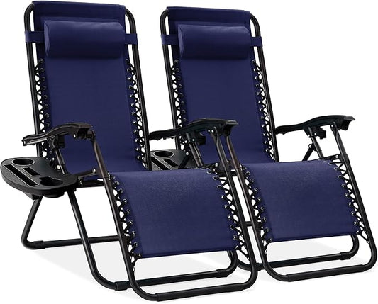 Best Choice Products Set of 2 Adjustable Steel Mesh Zero Gravity Lounge Chair Recliners w/Pillows and Cup Holder Trays - N...