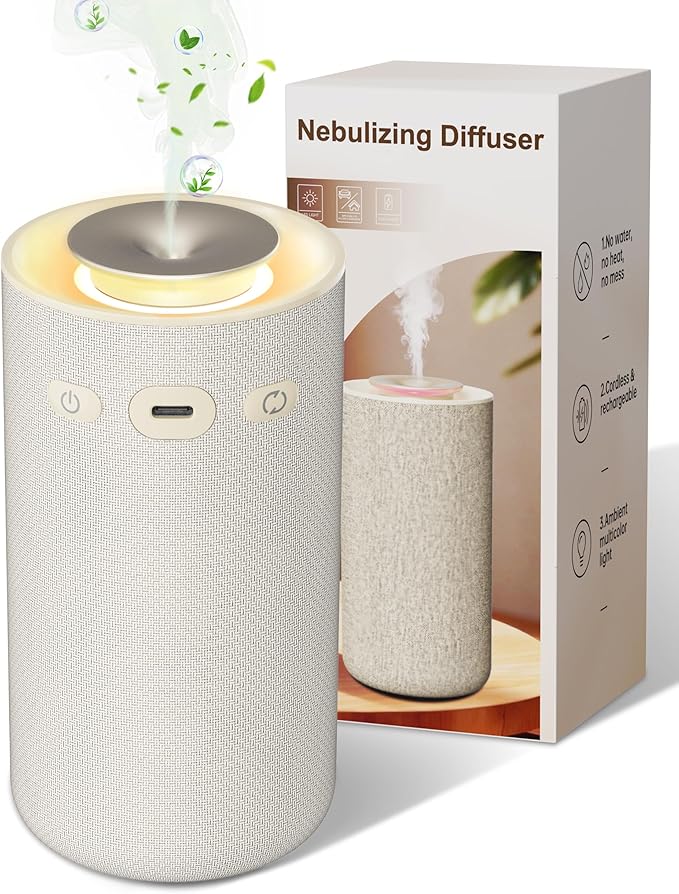 Waterless Essential Oil Diffuser,Portable Car Aromatherapy Diffuser,Rechargeable Cordless Scent Device with Fabric Design,...