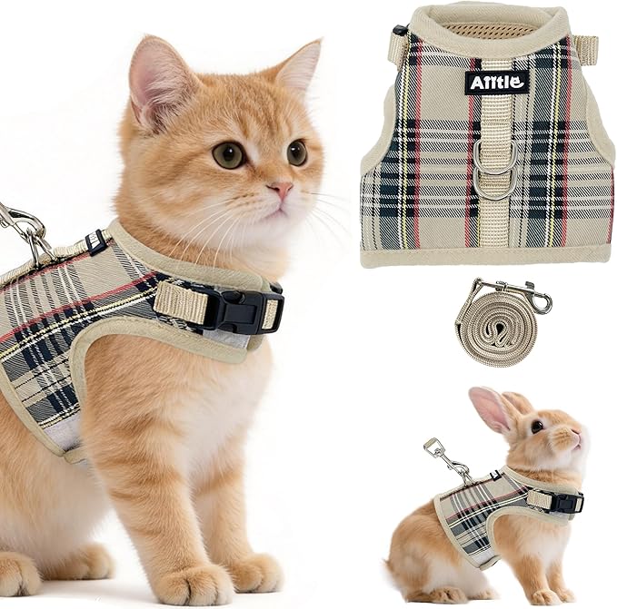 AIITLE Adjustable Bunny Harness & Leash Set - Soft Mesh Liner, Comfort Fit Plaid Pattern Vest with Magic Tape Design, Port...
