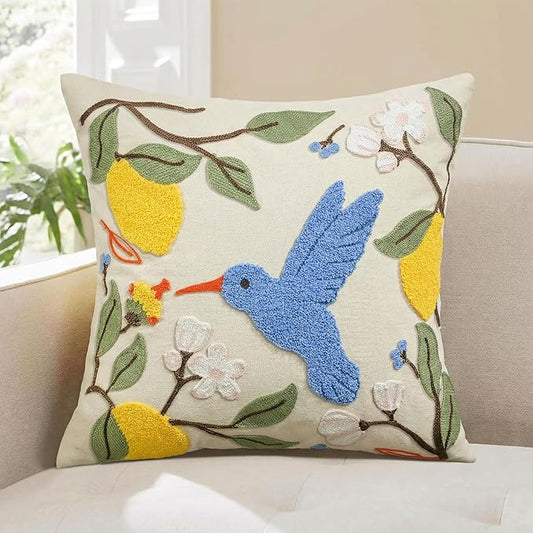 AVOIN colorlife Floral Lemon Hummingbird Embroidered Throw Pillow Cover, 18 x 18 Inch Holiday Flowers Spring Summer Decora...